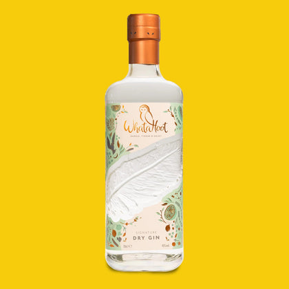 WhataHoot Dry Signature Dry Gin on a yellow background