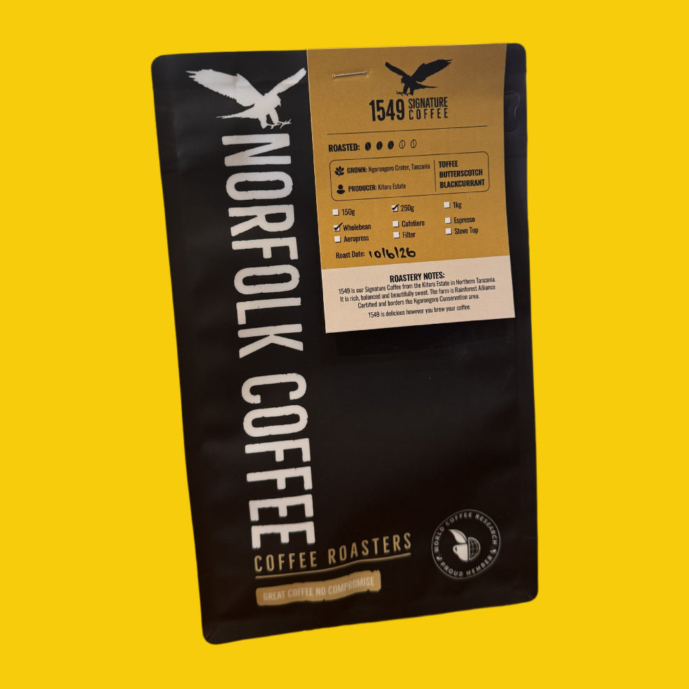 Coffee bag from Norfolk Coffee Roasters on a yellow background