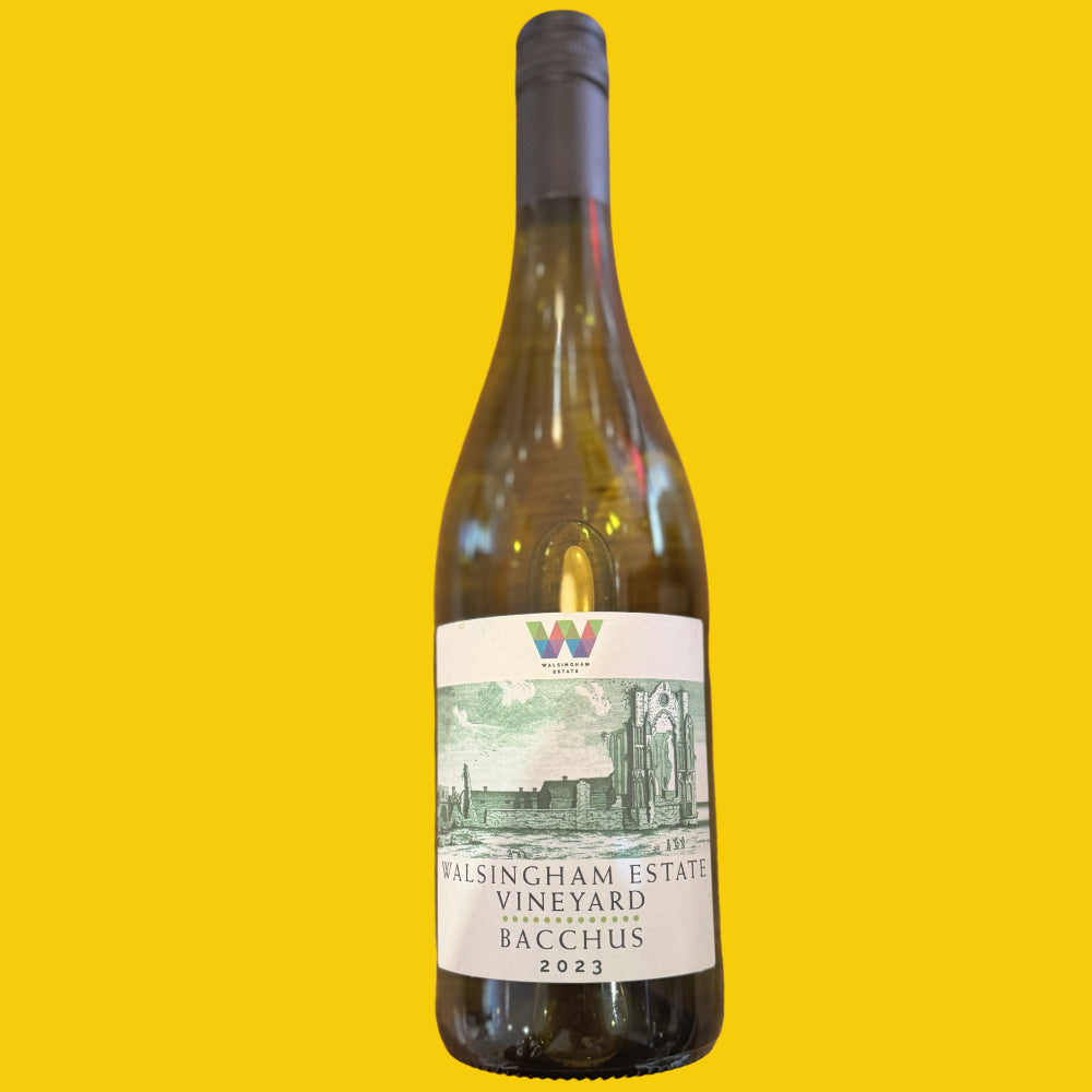 Walsingham Estate Bacchus White wine on a yellow background