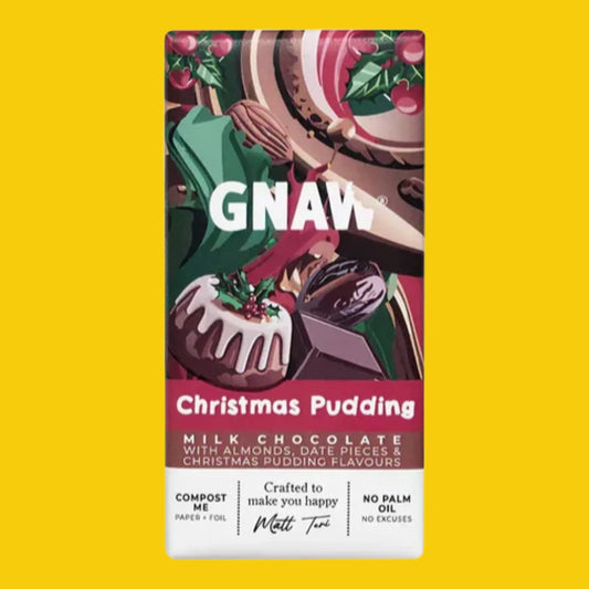 Gnaw Christmas pudding chococlate bar on a yellow background