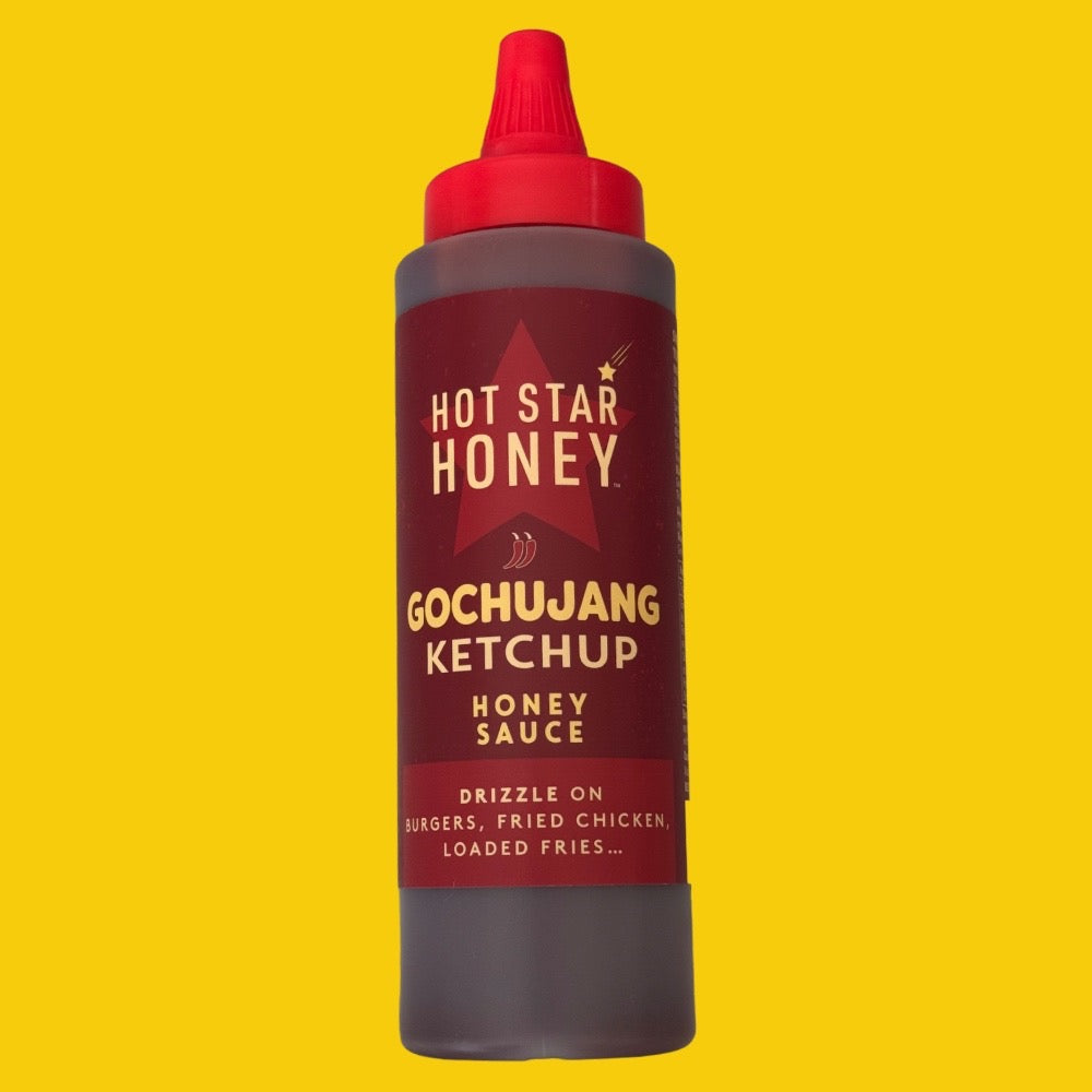 Gochujang Ketchup honey glaze bottle on a yellow background